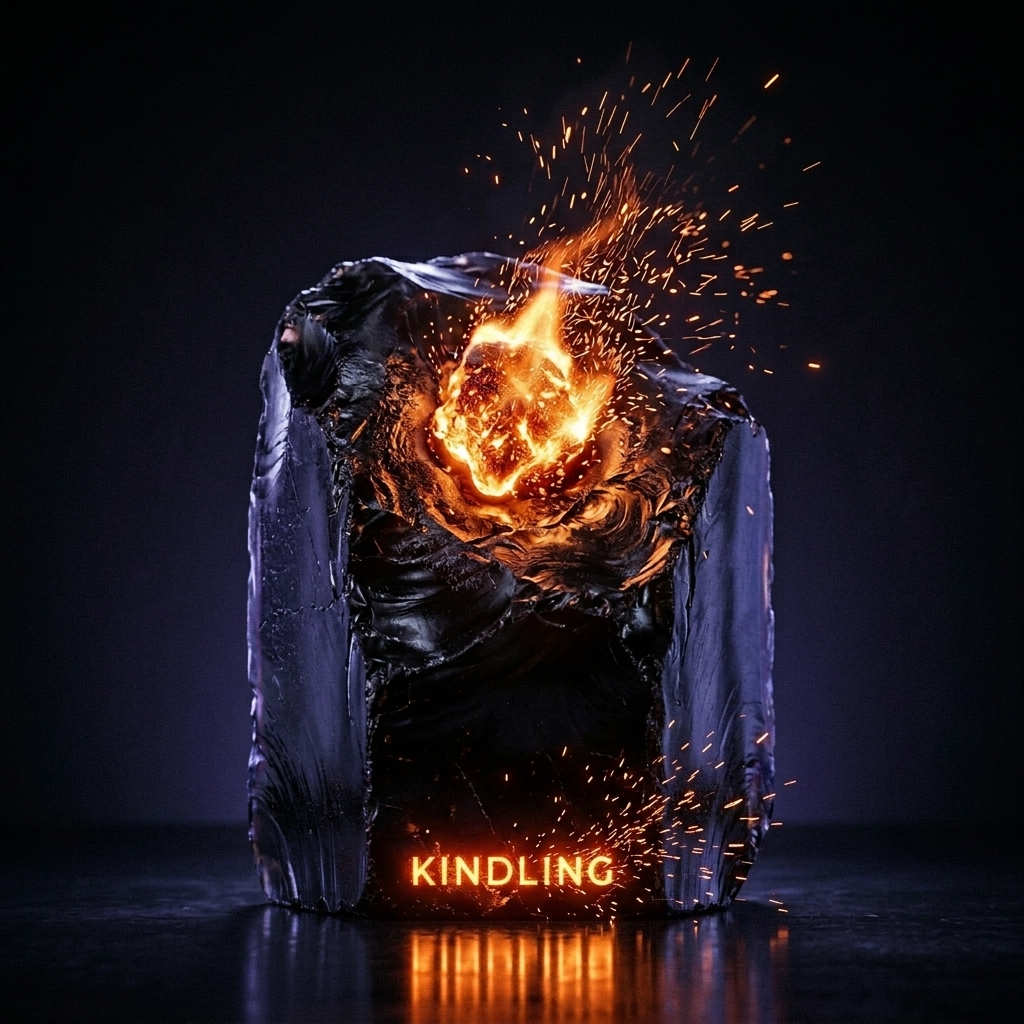 Kindling premium abstract artwork showing glowing amber ember sparking out of deep obsidian crystal